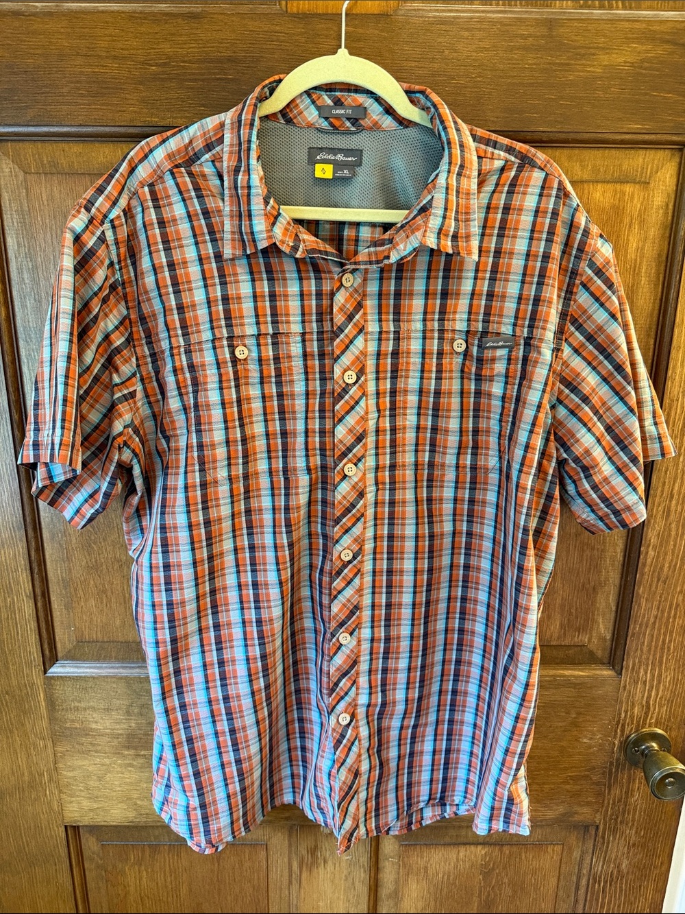 Eddie Bauer Orange and Blue Plaid Short-Sleeve Button-Down Shirt